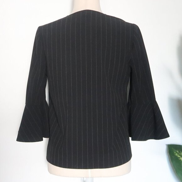 BCBGMaxAzria Black Pinstriped Split Crew Beck Bell Sleeve Blouse / Top Size XXS - Picture 6 of 11